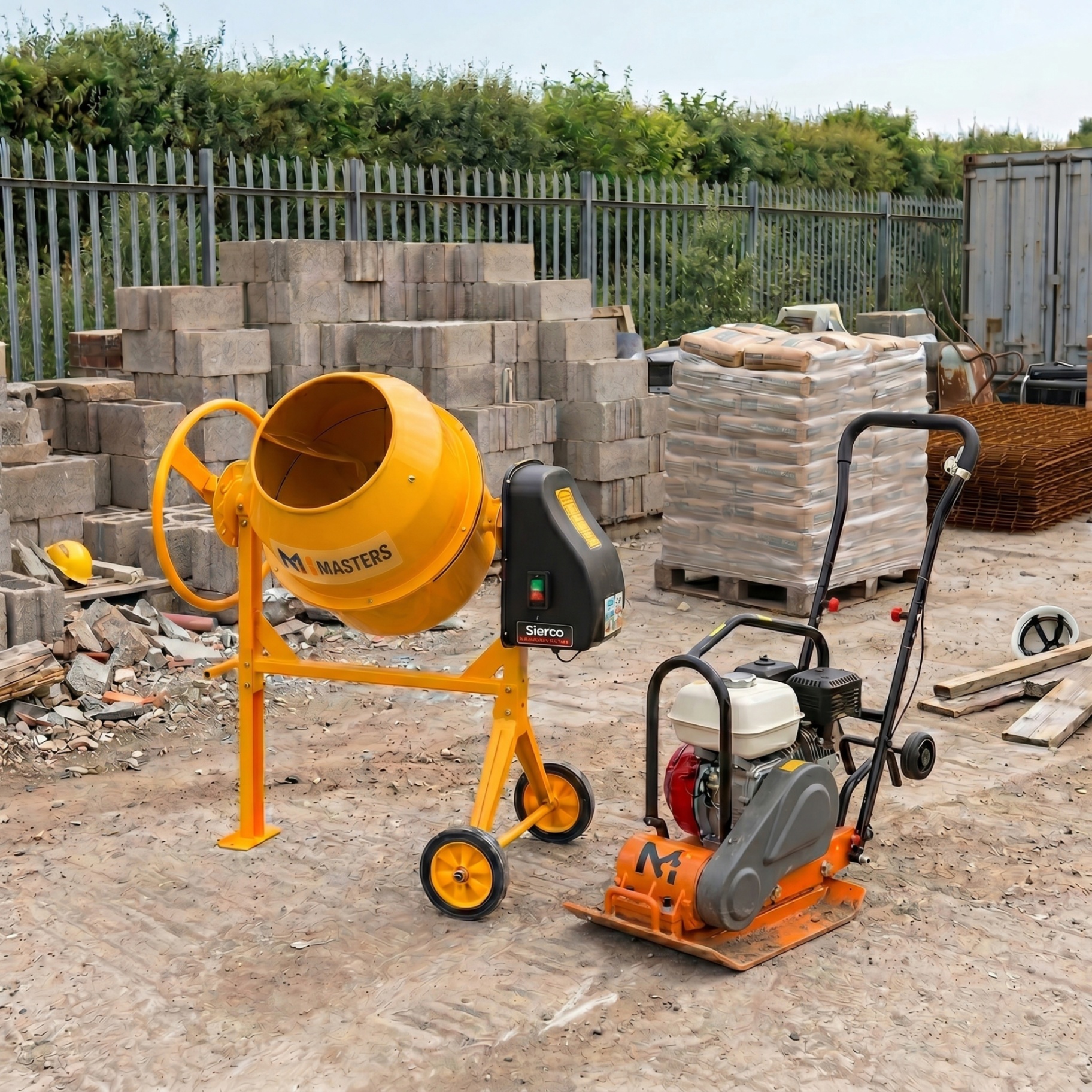 Cement mixer and wacker plate ready for hire in the Masters Hire workshop